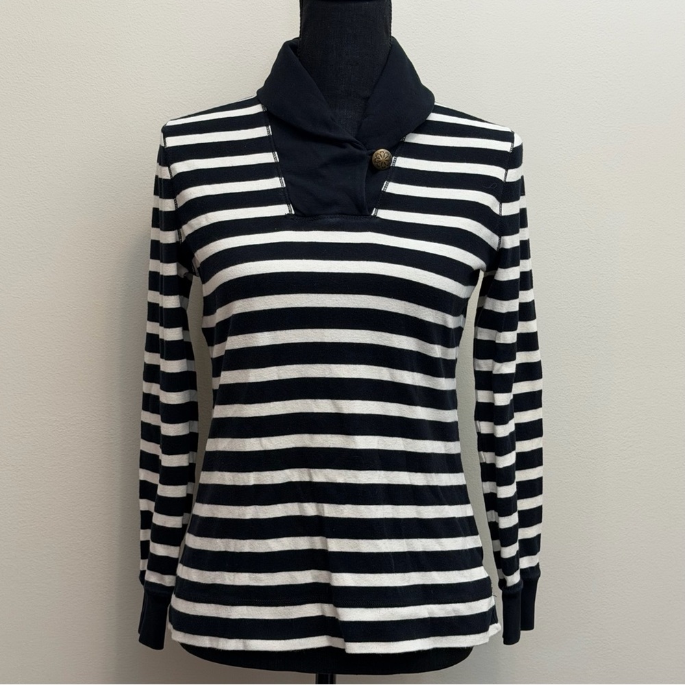 Ralph Lauren Jean Company Women M Black Striped Top Mock Neck Gold Button Preppy